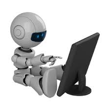 robot pointing at computer